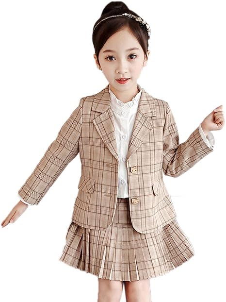 Amazon Yueguang 子供服 フォーマルスーツ 女の子 ジャケット スカート 2点セット 入学式スーツ プリーツスカート チェック柄 セレモニー ジュニアスーツ 小学生 學院風 結婚式 発表会 ベージュ 110cm フォーマル 通販