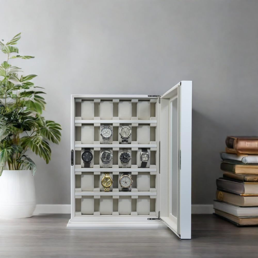 TimelyBuys 20 Piece White Wood Watch Display Wall Hanging Case and Storage Organizer Box and Stand for Oversized Watches