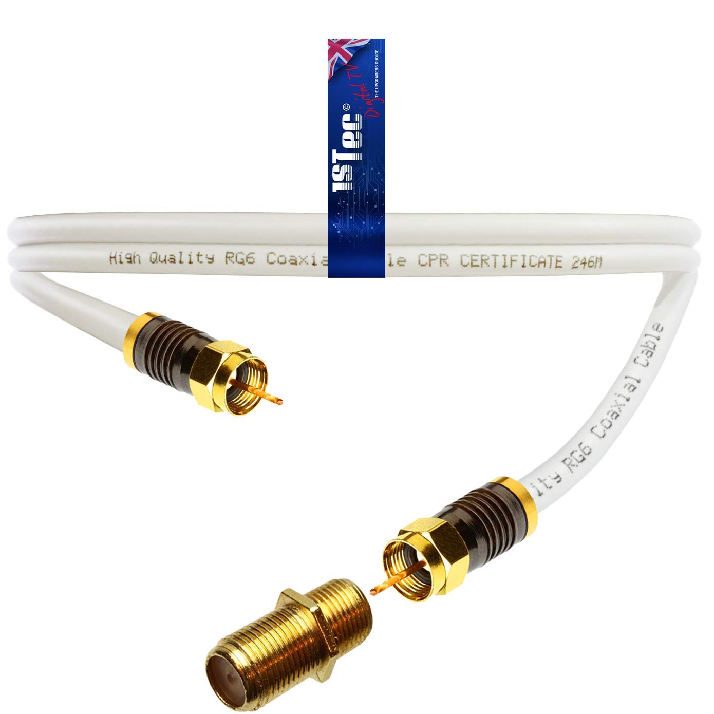 1STec 1m Long White Gold Plated Male to Male Virgin Media Extension Cable with Female Joining Coupler for V6 TIVO Set Top Box or VIVID Fibre Super Hub Broadband Modems (1 Metre)