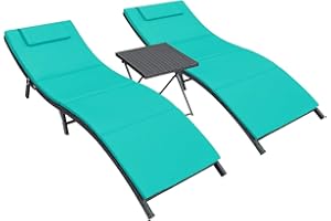 Homall 3 Pieces Patio Chaise Lounge Chair Sets Outdoor Beach Pool PE Rattan Reclining Chair with Folding Table and Cushion (Blue)