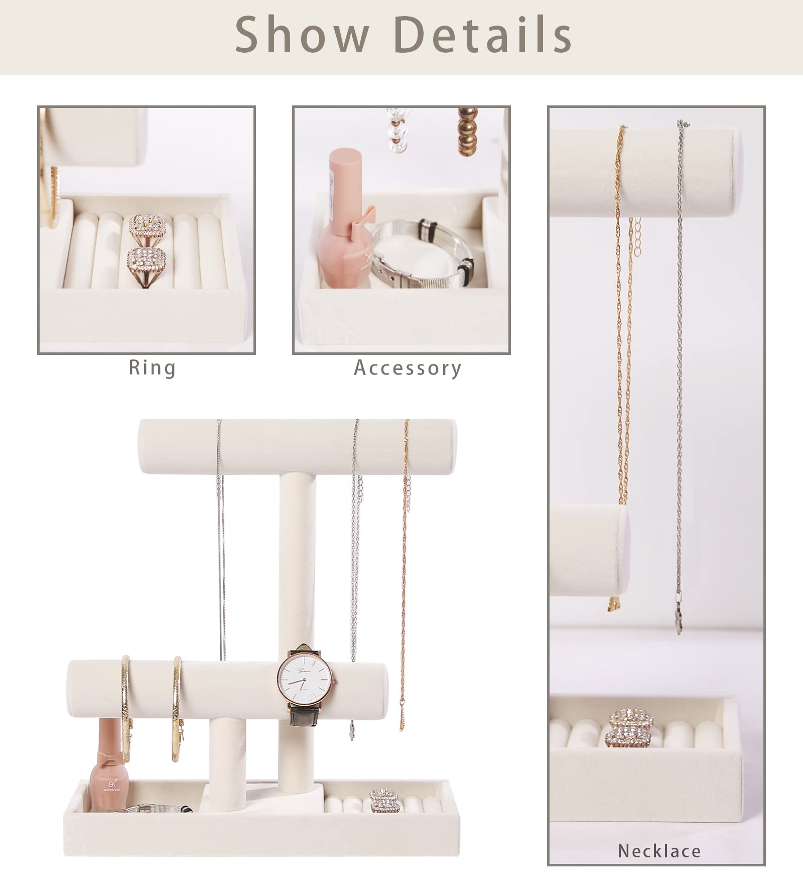 ByKen Jewelry ByKen Multi-Functional 2 Tier Jewelry Holder,Necklace Bracelet Holder with Earrings Rings Tray,Jewelry Organizer Stand for Scrunchie Watches(Beige Velvet)
