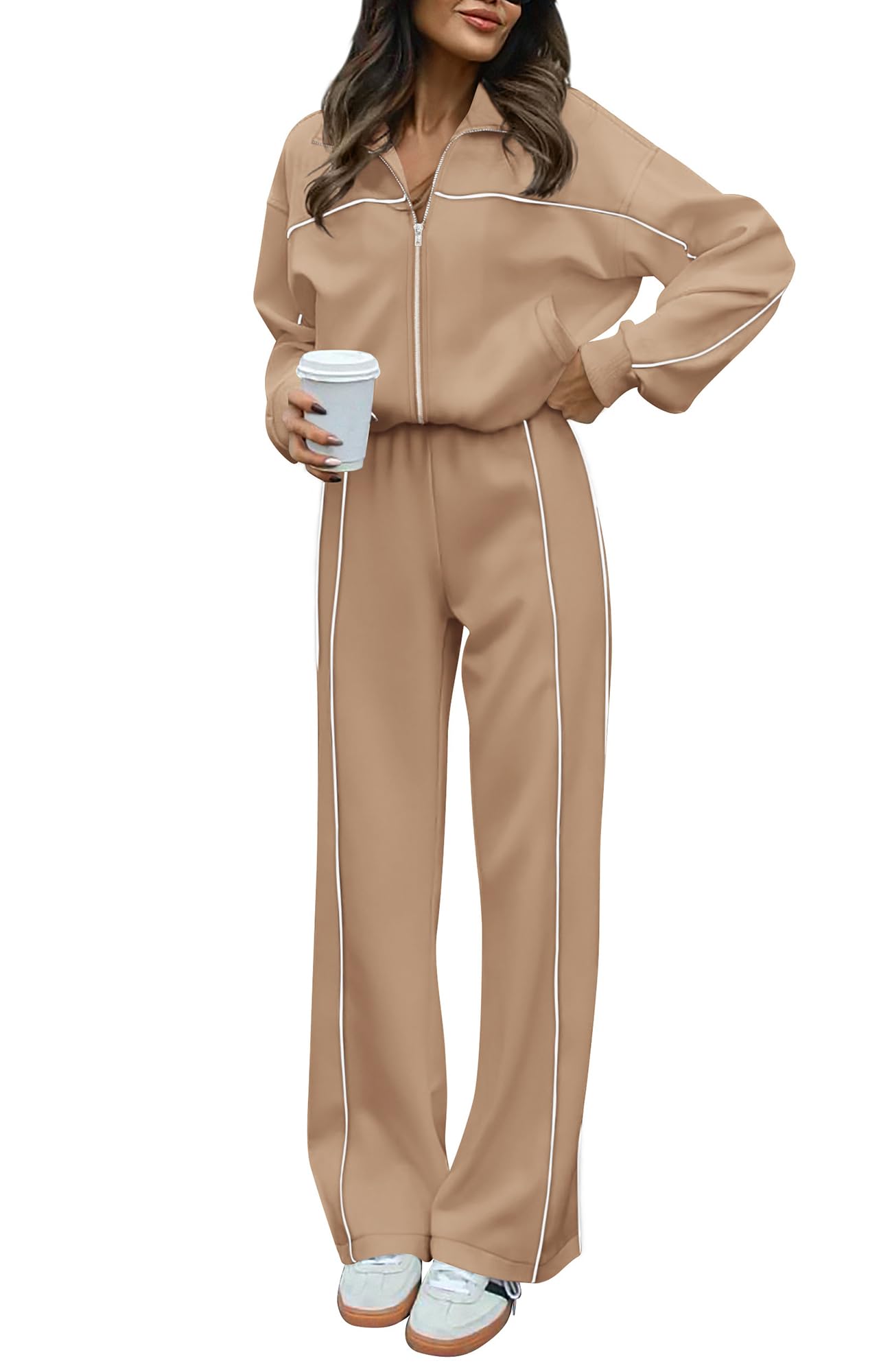 Photo 1 of **Top only** BTFBM Women's Two Piece Tracksuit Spring 2026 Long Sleeve Zip Up Sweatshirt Long Pants Outfits Jogger Sweatsuit Sets(Khaki,Medium)