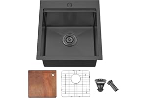 COMLLEN 17x19 Inch Black Drop in Bar Sink, 304 Stainless Steel Utility Kitchen Workstation,Gunmetal 9 Inch Deep Wet Bar Sink, RV Laundry Prep Kitchen Sinks with Dish Grid & Drain & Cutting Board
