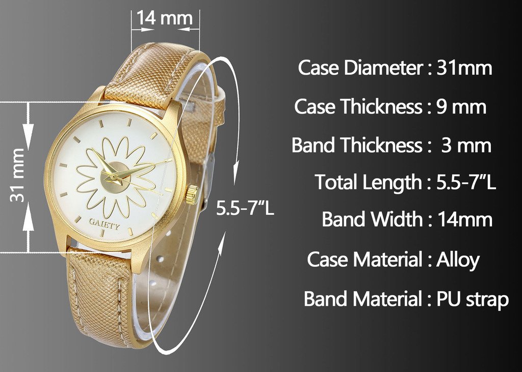 JSDDE Femme Montre à Quartz Bracelet PU Motif Fleur Boîtier en Alliage de Couleur Or Montre Bracelet Fil de Suture Montre Etanche Noir