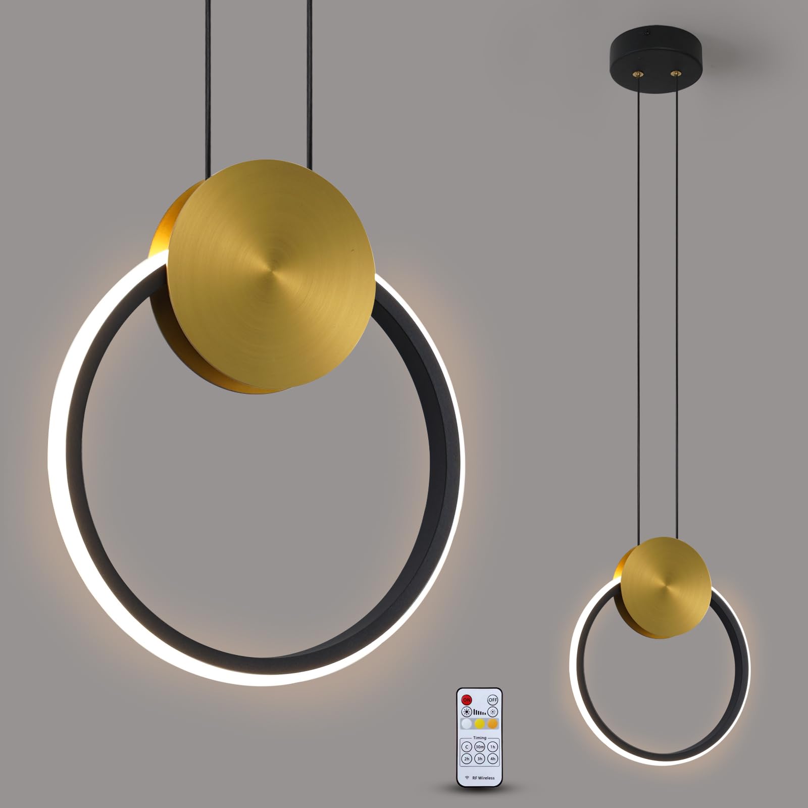 Photo 1 of Modern Black and Gold Pendant Lights Fixture, RC Dimmable LED Pendant Lighting for Kitchen Island, Round Small Linear Pendant Light for Dining Room Sink Bedroom Bathroom, Single, Height Adjustable