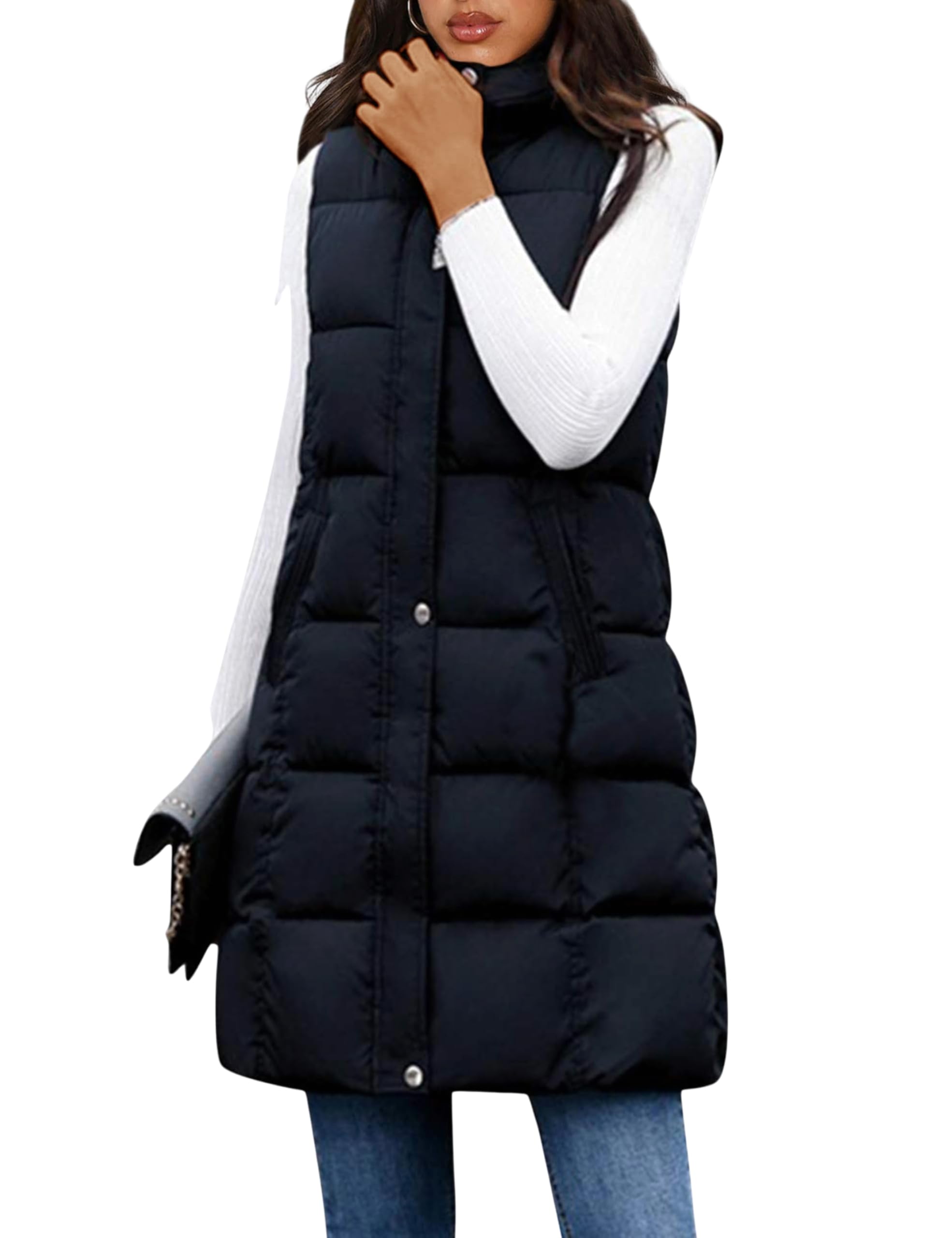 Photo 1 of Tanming Women's Long Puffer Vest Casual Sleeveless Puffy Jacket with Removable Hood (Black-L)