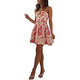 Women's Halter Deep V Neck Mini Dress Sleeveless Smocked Tiered Swing A Line Dress Backless Short Flowy Vacation Skirt