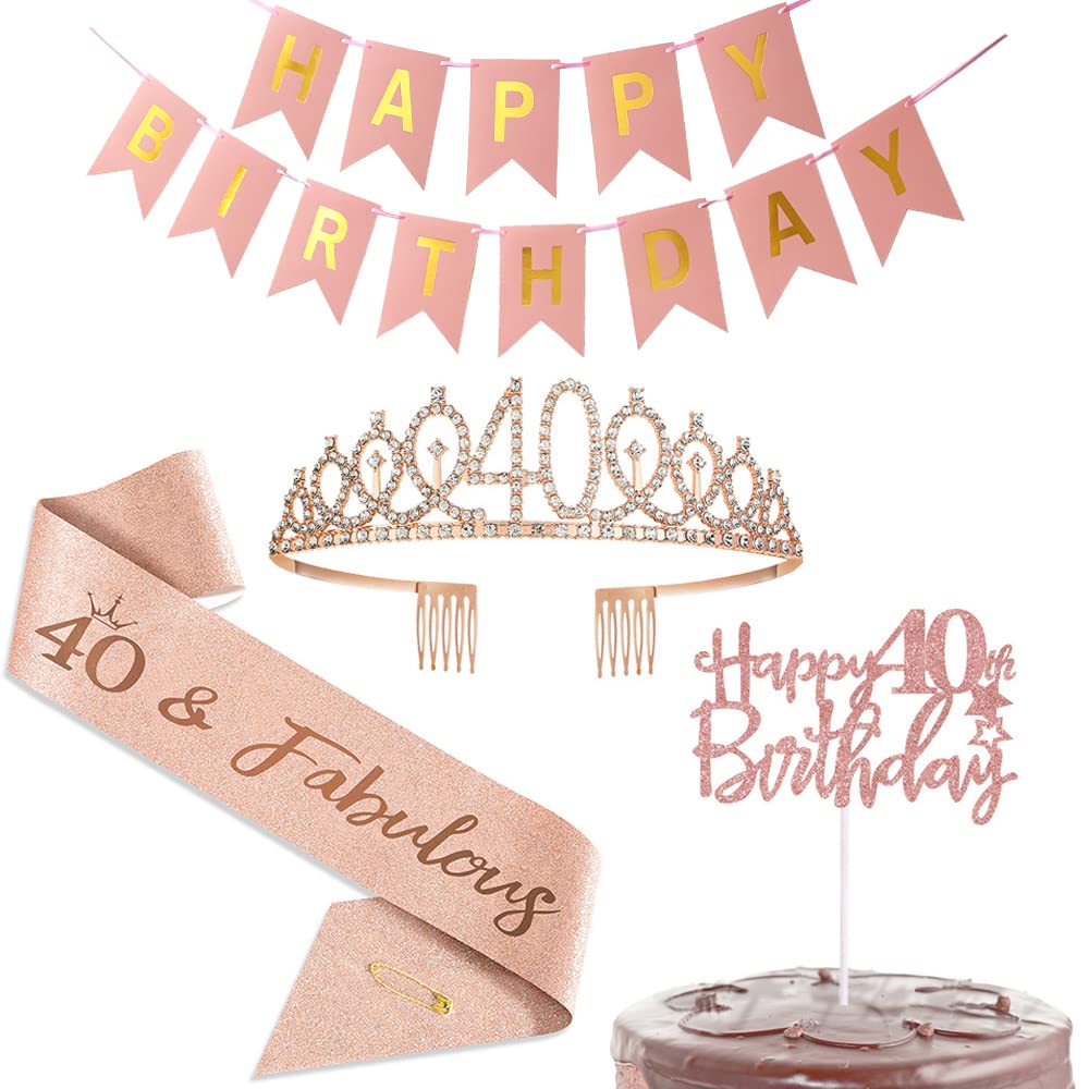Happy 40th Birthday Decorations Party Favor Supplies for Women,Rose Gold Happy Birthday Banner,Sash,Tiara Crown,Cake Topper,for Women 40th Party Decoration Gifs