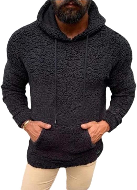 Mens Solid Winter Fluffy Hoodie Hooded Pullover Sweatshirt Outwear with