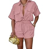 2 Piece Outfits for Women Summer Casual Short Sleeve Button Down Tops Blouses Shirts and Shorts Set with Pockets Romper