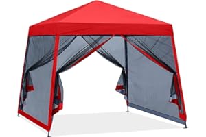 COOS BAY 10x10 Pop Up Canopy Tent with Screen Netting, Slant Leg, Instant Folding Shelter, 64 Sq Ft Shade, One Person Set up, Red