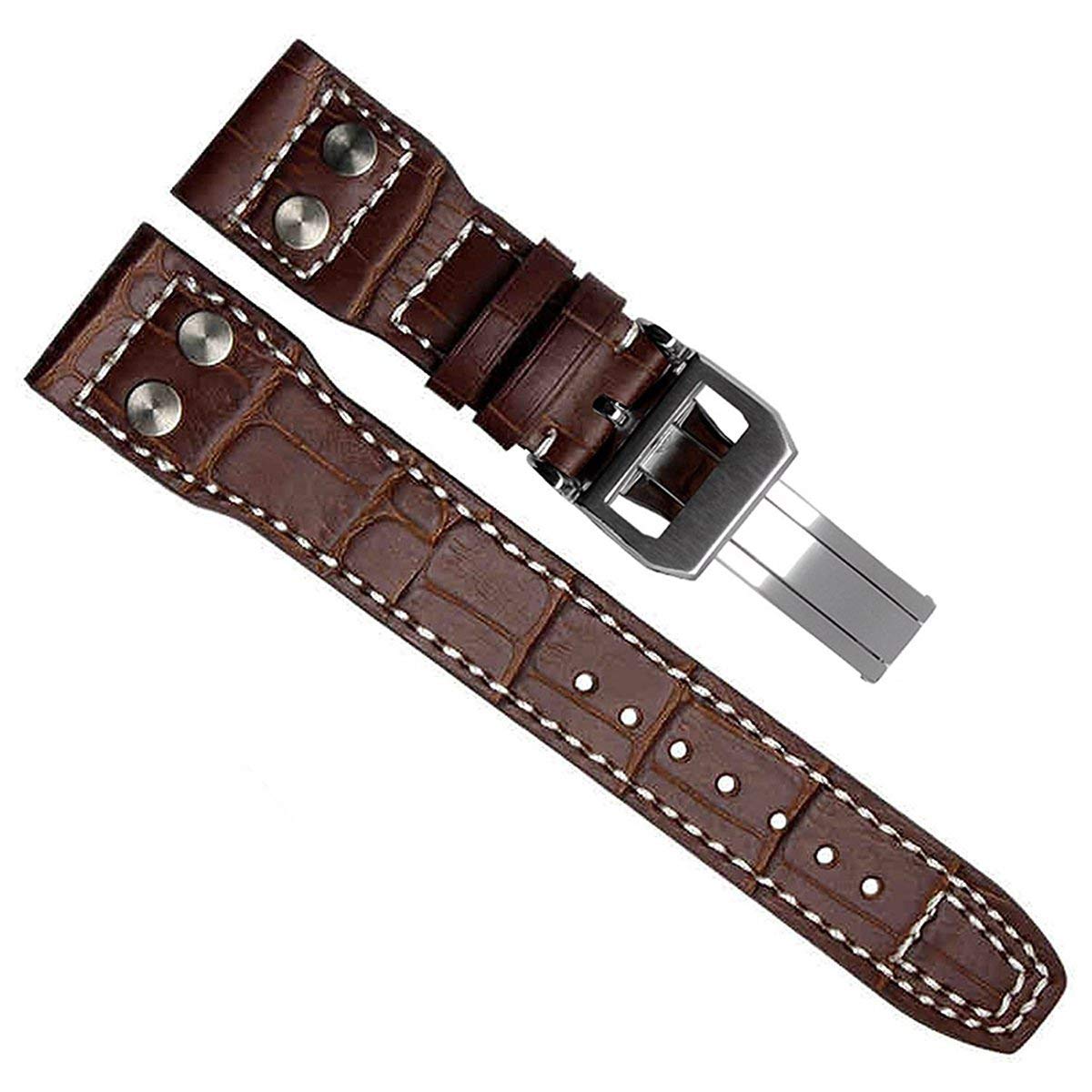 22mm Genuine Leather Watch Strap Band fit for IWC Pilot's Watchs (Silver Buckle/Brown)