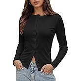 Women’s Ribbed Long Sleeve Tops Button Down Open Front Fall Going Out Button Up Slim Fit Casual Tops