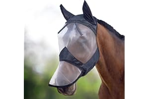 Harrison Howard CareMaster Horse Fly Mask Long Nose with Ears Full Face Black/Silver Retro Medium Cob