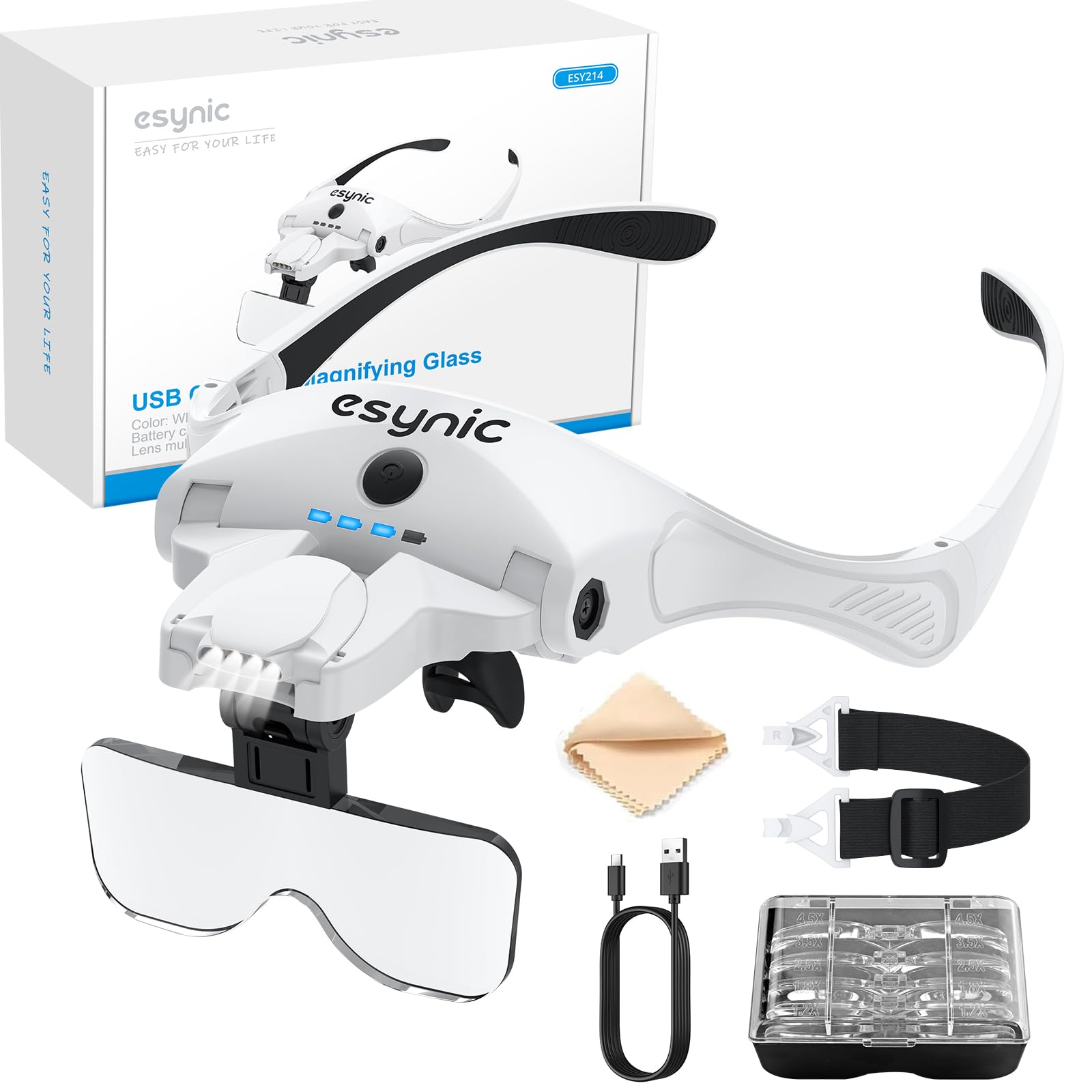 eSynic Headband Magnifying Glass Rechargeable Head Magnifier Wear Comfortably HeadMount Magnifying Glass With Light Support|4 LED Lights|1.2-4.5X HD Lens|Power Indicator Light| for Reading Crafts,etc