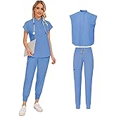 SOEDZUNG Women's Scrub Set - V-Neck Mandarin Collar Top with Side Pockets & Jogger Pants, 5-Pocket Work Uniform for Nurses