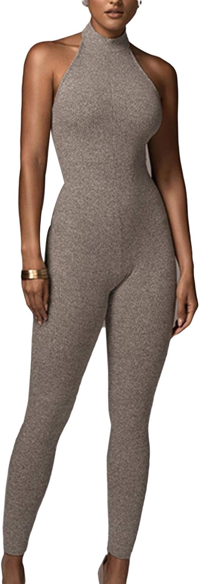 Women's Knitted Sleeveless Turtleneck Jumpsuit Backless High Waist