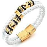 COOLSTEELANDBEYOND Mens Double-Row Braided Leather Bracelet Bangle Wristband Gold Color Stainless Steel Ornaments