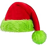 Christmas Lime Green Santa Hat for Adults Classic Red Green Furry Santa Hat Unisex Velvet Comfort Christmas Cap Thicken Plush Xmas Cap with Trim for Women Men Xmas New Year Holiday Party Supplies