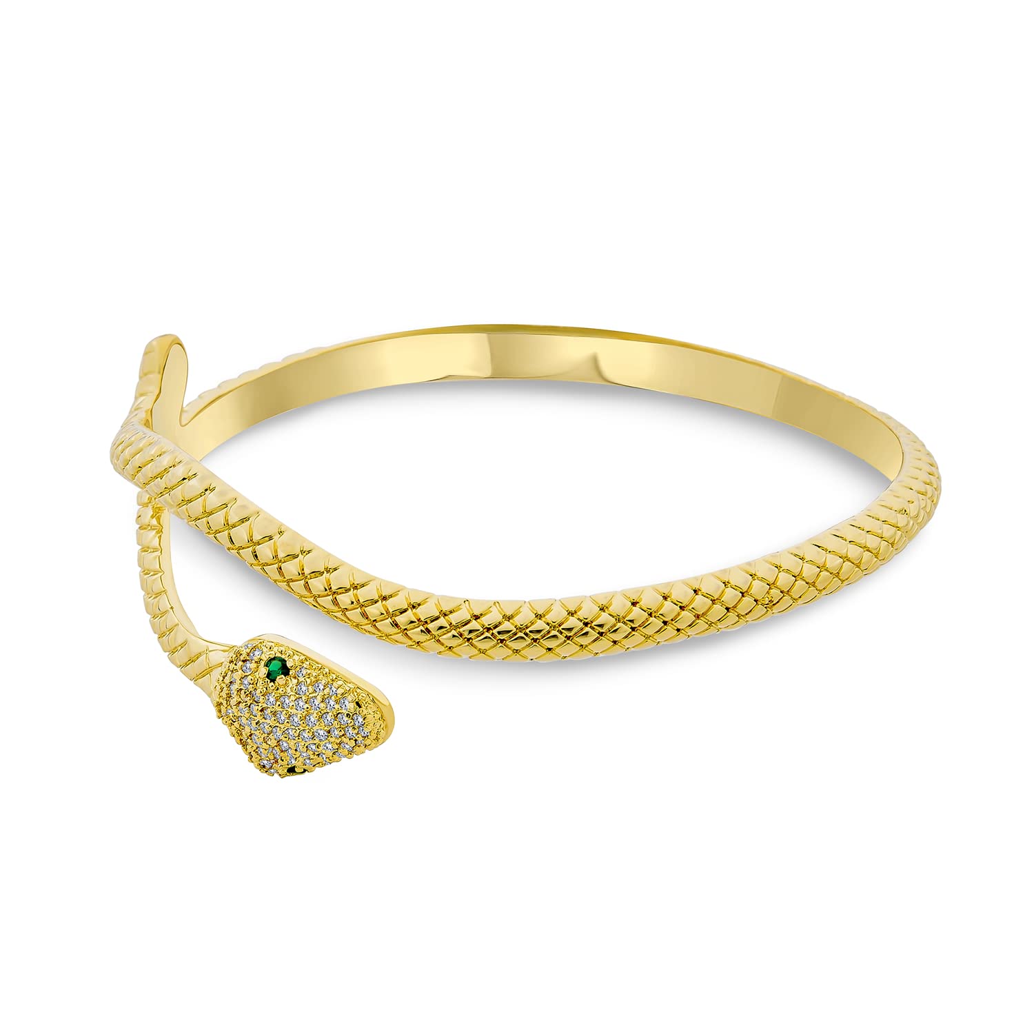 Bling Jewelry Egyptian Serpent Style Green Eye CZ Cubic Zirconia Bypass Wrapping Statement Snake Cuff Bangle Bracelet For Women 18K Yellow Gold Plated Brass โ image 1