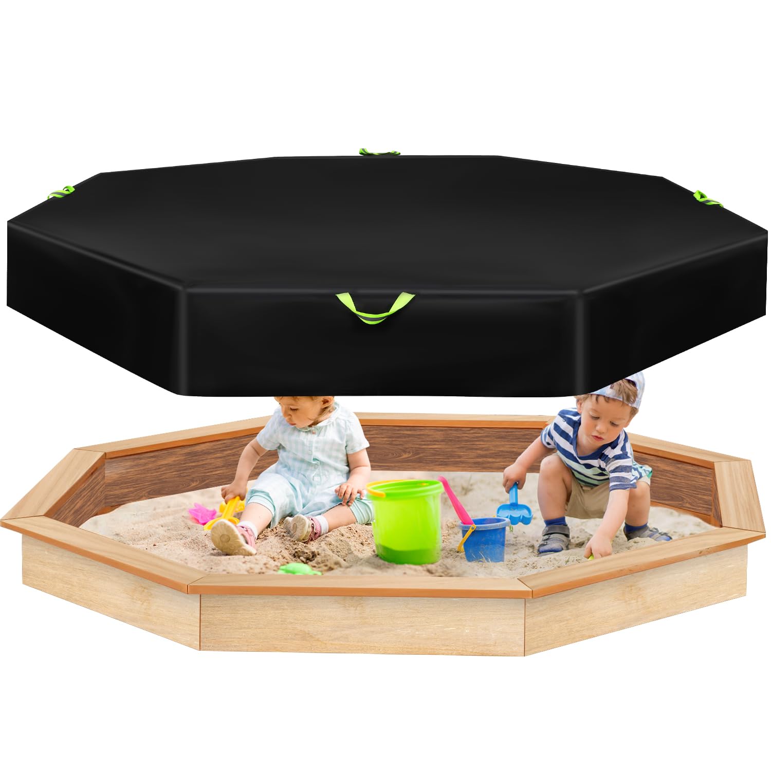 Octagon Sandbox Cover, 84x78x9in Waterproof Protective Sand Box Cover with Drawstring Closure & Reflective Handles Black 420D Oxford Cloth Sandpit Pool Lid Outdoor for Kids