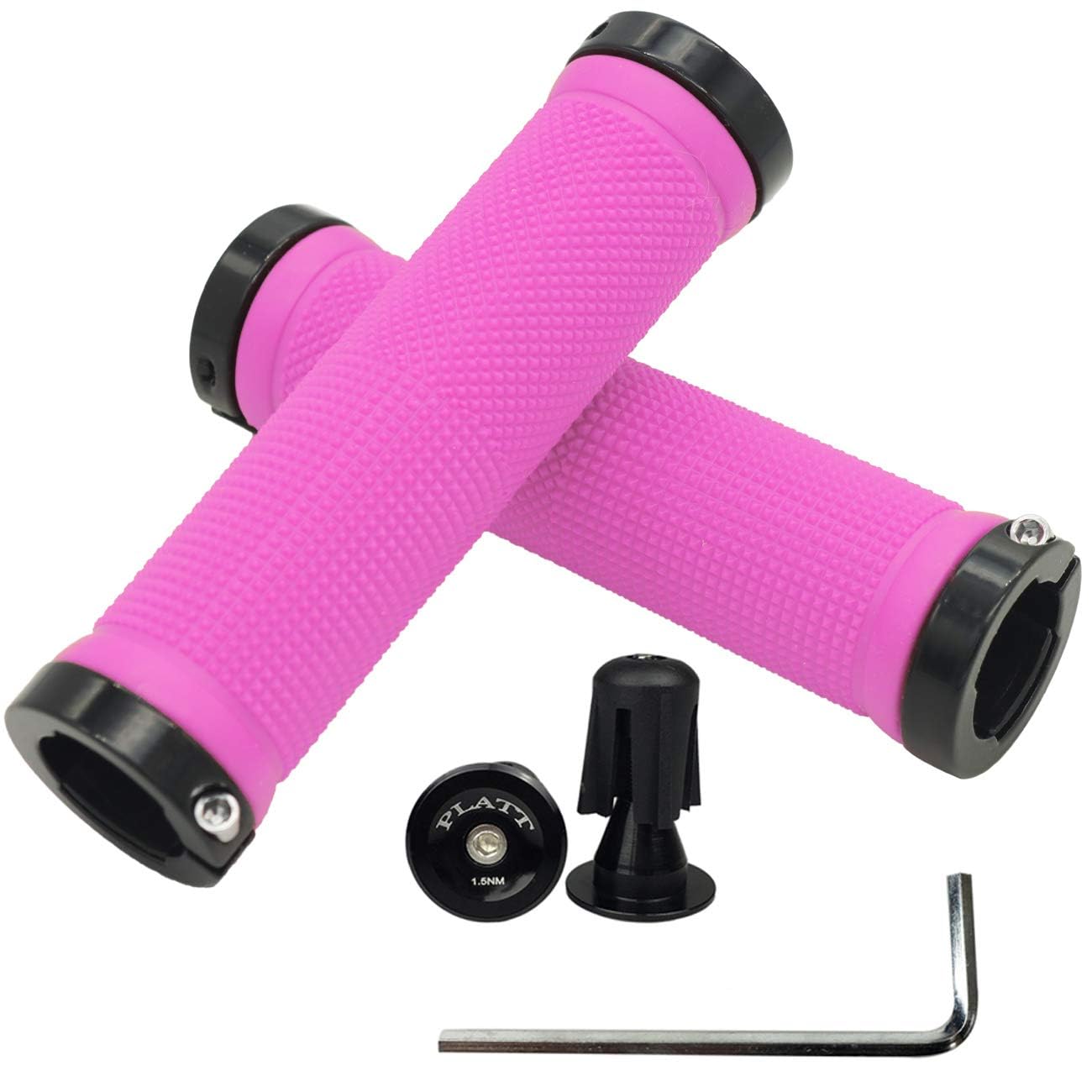 PLATT Bike Handlebar Grips with Aluminum Lock Non-Slip Rubber Bicycle Handle Grip for MTB/BMX (Pink)
