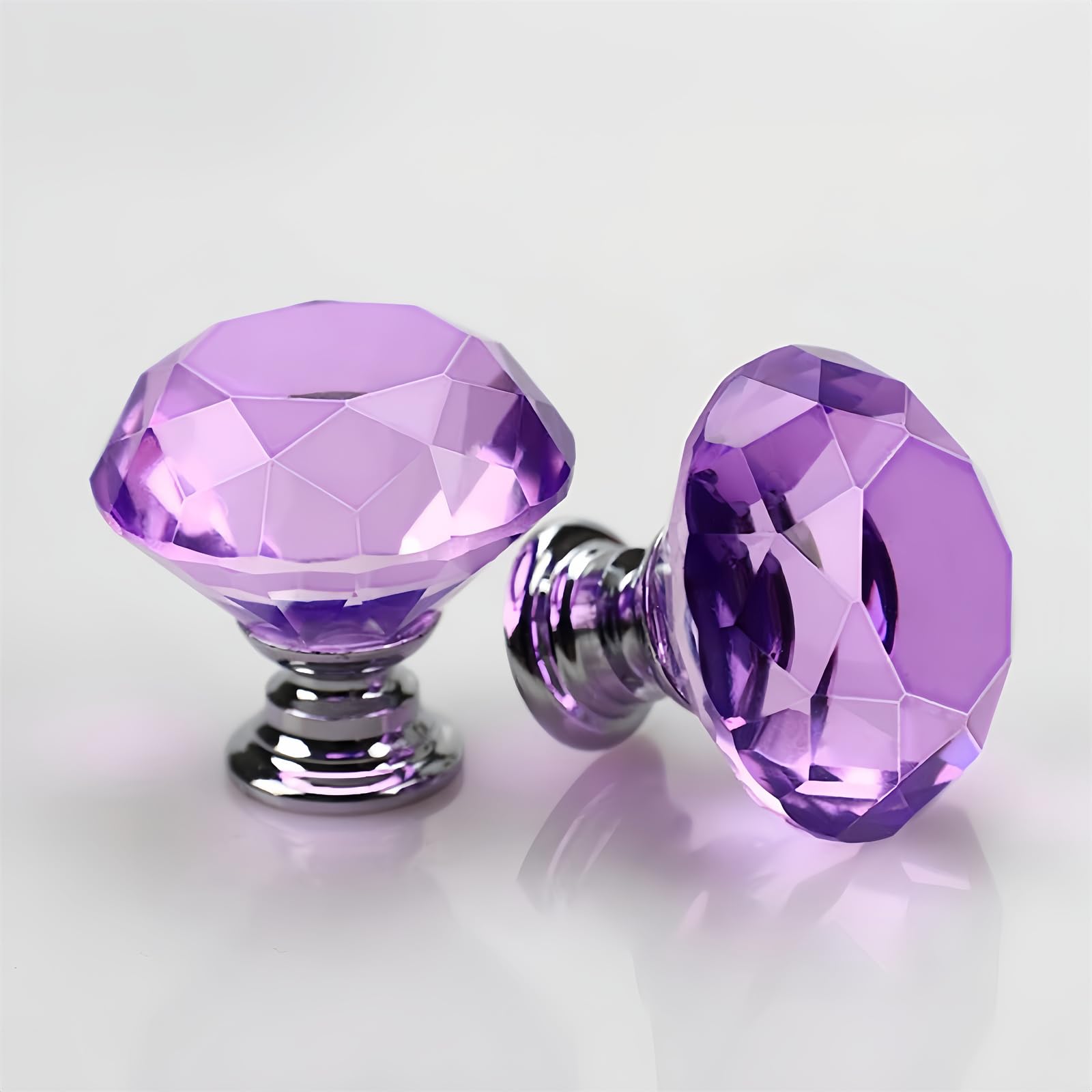 Boxonly 2Pcs Crystal Glass Door Knobs 30mm Diamond Cut Drawer Pull Handles with M4x22mm Screws for Cupboard Cabinet Wardrobe Home Decorating Silver Base Purple