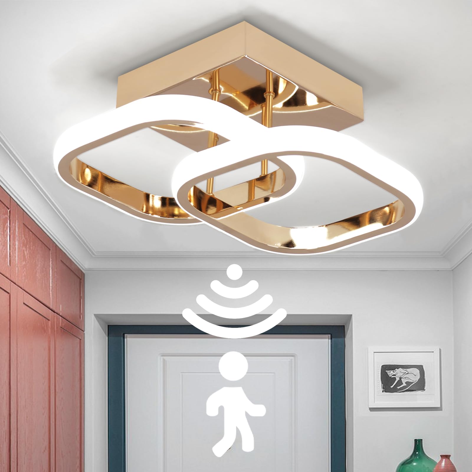 EIDEARAY LED Motion Sensor Ceiling Light Indoor, 22W Cold White 6000K Ceiling Lights, Square Design Sensor Light,24 * 20 * 9CM，Suitable for Garages, Hallway, Aisle, Porch, Corridor，Entrance (Gold)