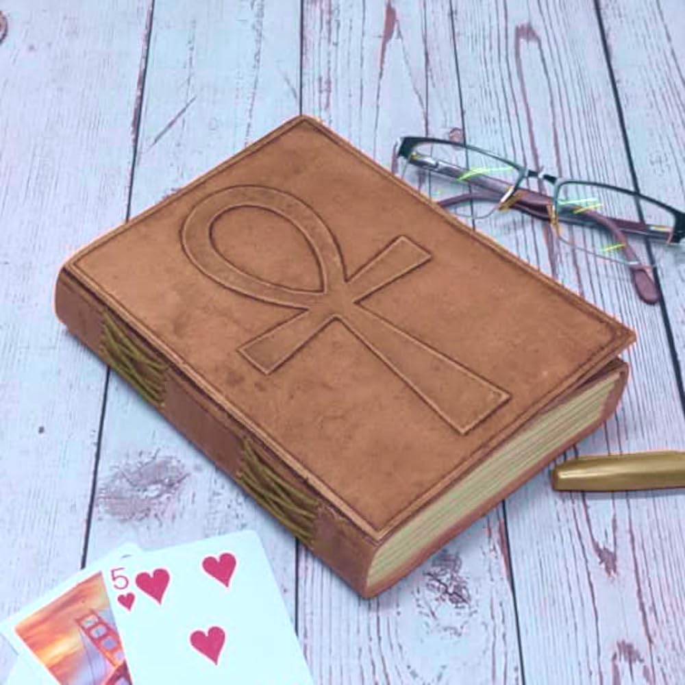 Purpledip Leather Journal (Diary Notebook) 'Ankh Cross - Breath Of Life': Handmade Paper In Leather Cover For Corporate Gift or Personal Memoir (11324)