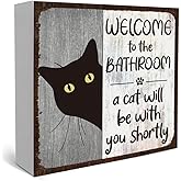 Bathroom Decor Funny Black Cat Farmhouse Wooden Box Sign Welcome to The Bathroom A Cat Vintage Sign for Home Toilet Restroom Shelf Tabletop Desk-117