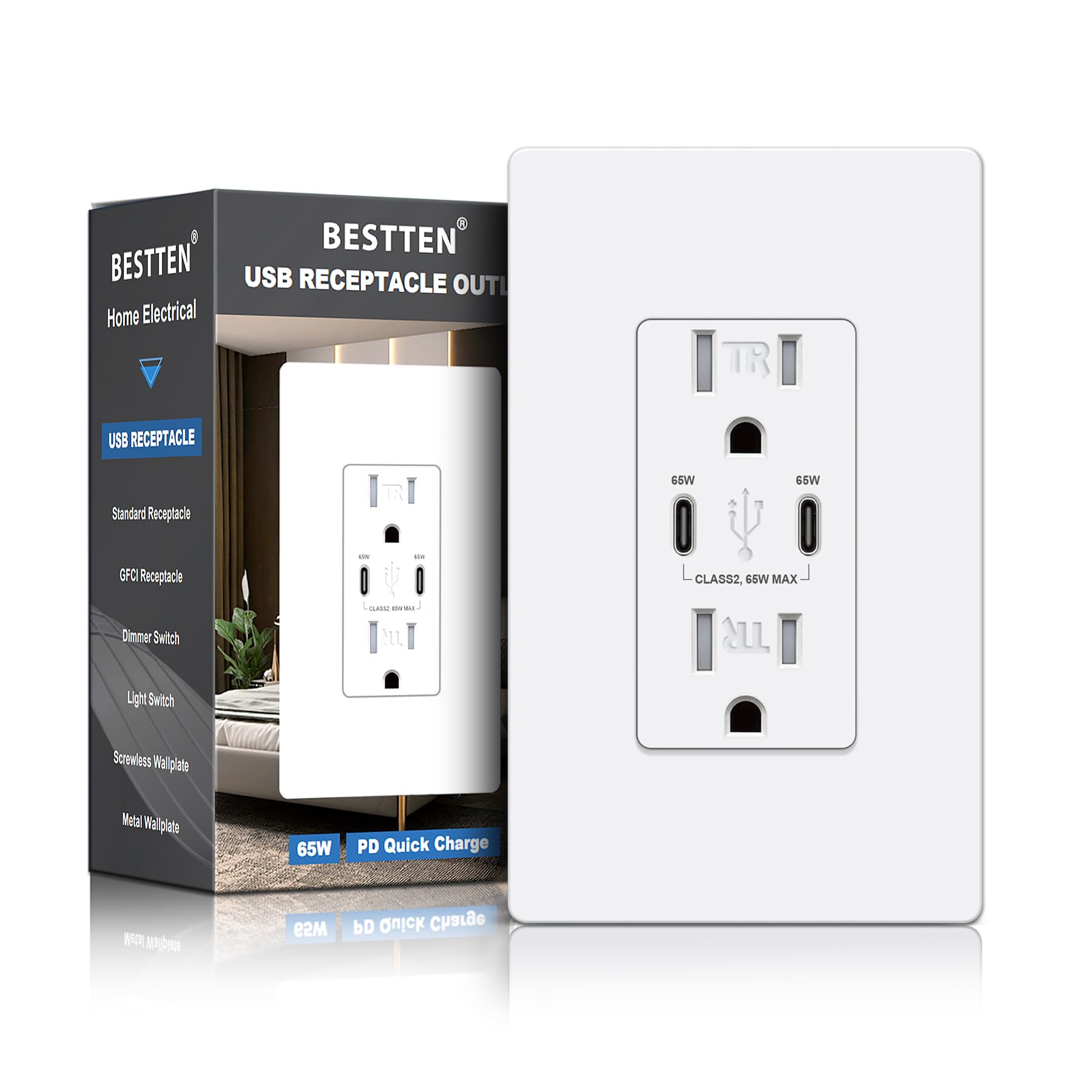 Photo 1 of BESTTEN GaN 65W USB C Outlet Receptacle for Laptop, Dual Ultra Fast Charging Outlet with USB C Ports, Type C Supports Power Delivery 3.0, 15A Tamper-Resistant USB Wall Outlet, ETL Listed, White