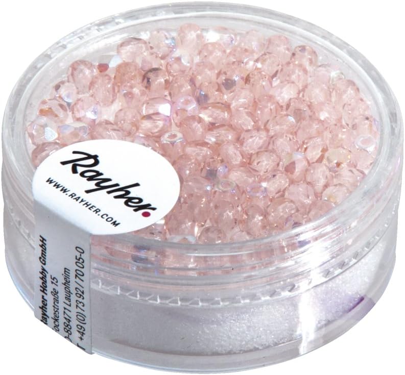 Rayher 14202308 Glass Cut Pearls 3 mm with Iridescent Pack of 100, rose quartz, 3mm ø