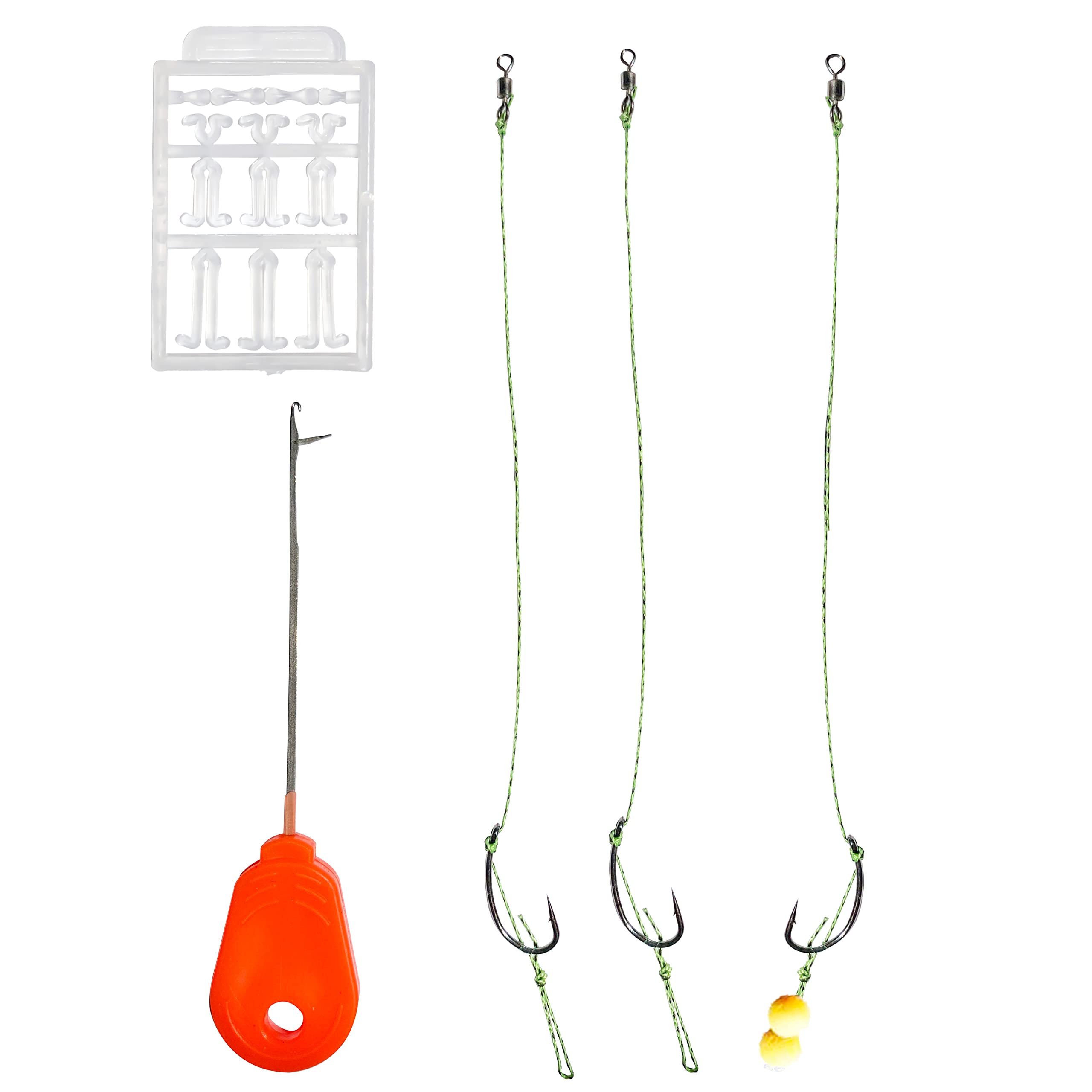 NewShot Carp Fishing Hair Rigs Set, 3x Anti-Tangle Swivel, Ready Tied Curved Barbed Hook, Braided Line with Boilie Bait Stops Dumbell Stoppers and Stringer Needle (4# Hooks)