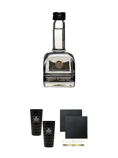 Legend Of Kremlin Wodka 0,05 Liter Miniatur + Three Sixty black Vodka Glas 2 Stück (black) + Schiefer Glasuntersetzer eckig c