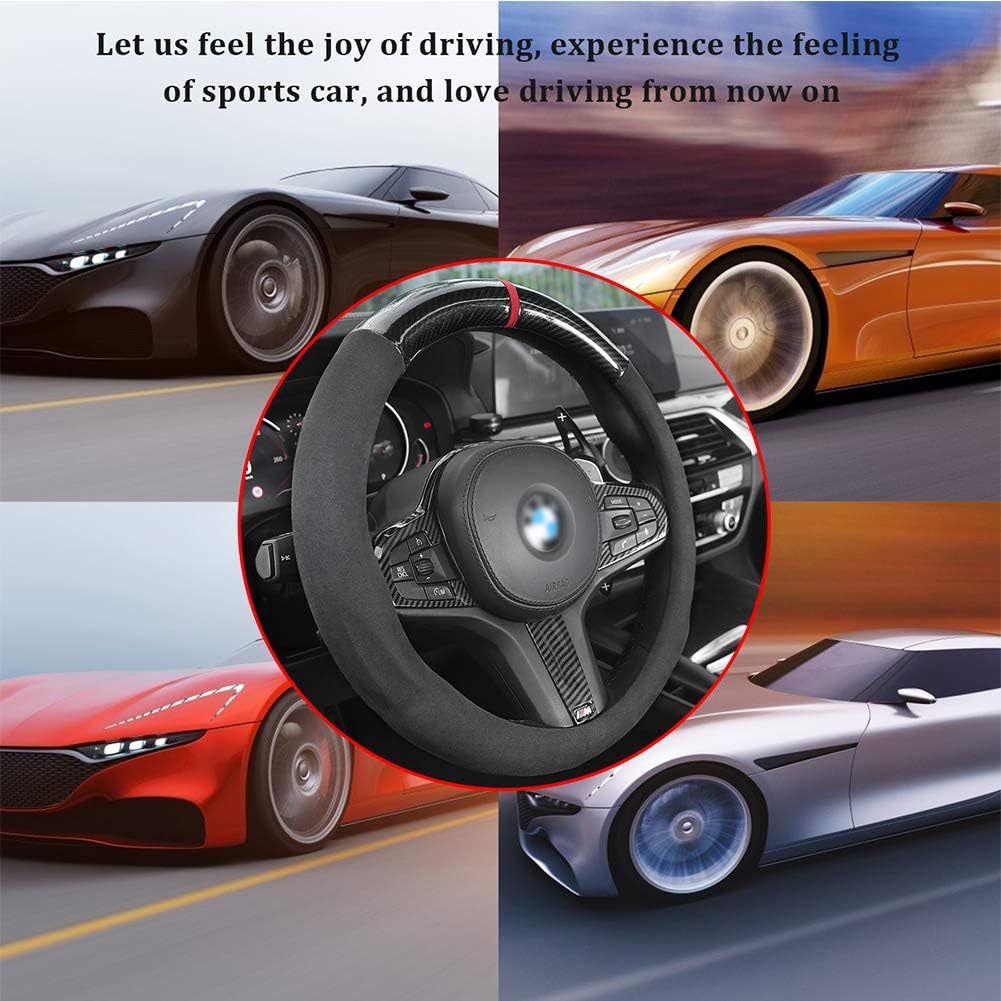 YANDA Car Carbon Fiber Suede Steering Wheel Cover Auto Anti-Slip Leather Automotive Interior Accessories Decorate 15 Inch Universal Red & Black Color: Automotive