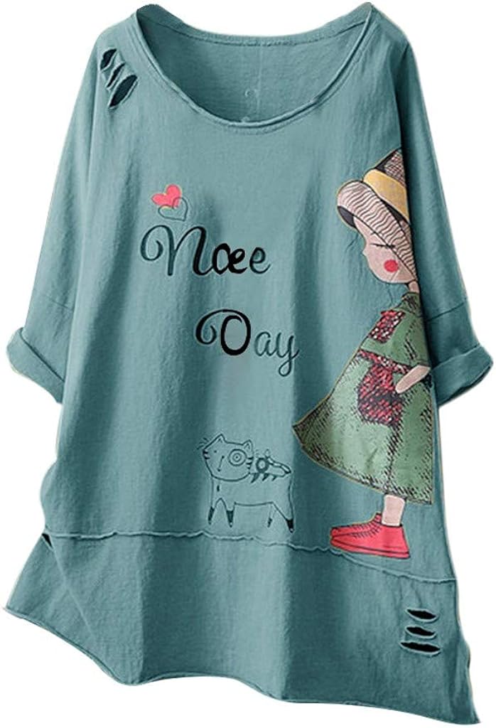 Aniywn Womens Cute Pattern Printing Baggy Round Neck Short Sleeve Plus Size Tops Blouse Streetwear T-Shirt