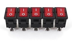 CTGFBUW 5Pcs MR-6B 15x21mm Mini Boat Rocker Switch 4Pin DPST ON-OFF 12A/125VAC 10A/250VAC(Red 220V Indicator)