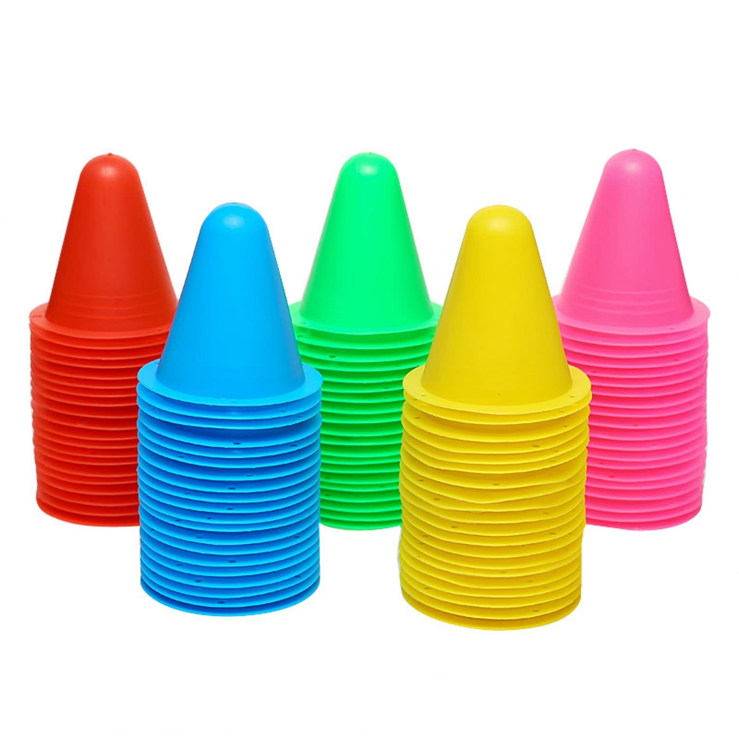 JZK 50 x Plastic soccer training cone, sport cones marker traffic cone set for kids home gym soccer (red, yellow, blue, green, pink)