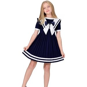Girls Nautical Dress Summer School Uniform Cloth Gowns Sailor Collar Outfit | Preppy School Uniform Clothes for Girls, A Line