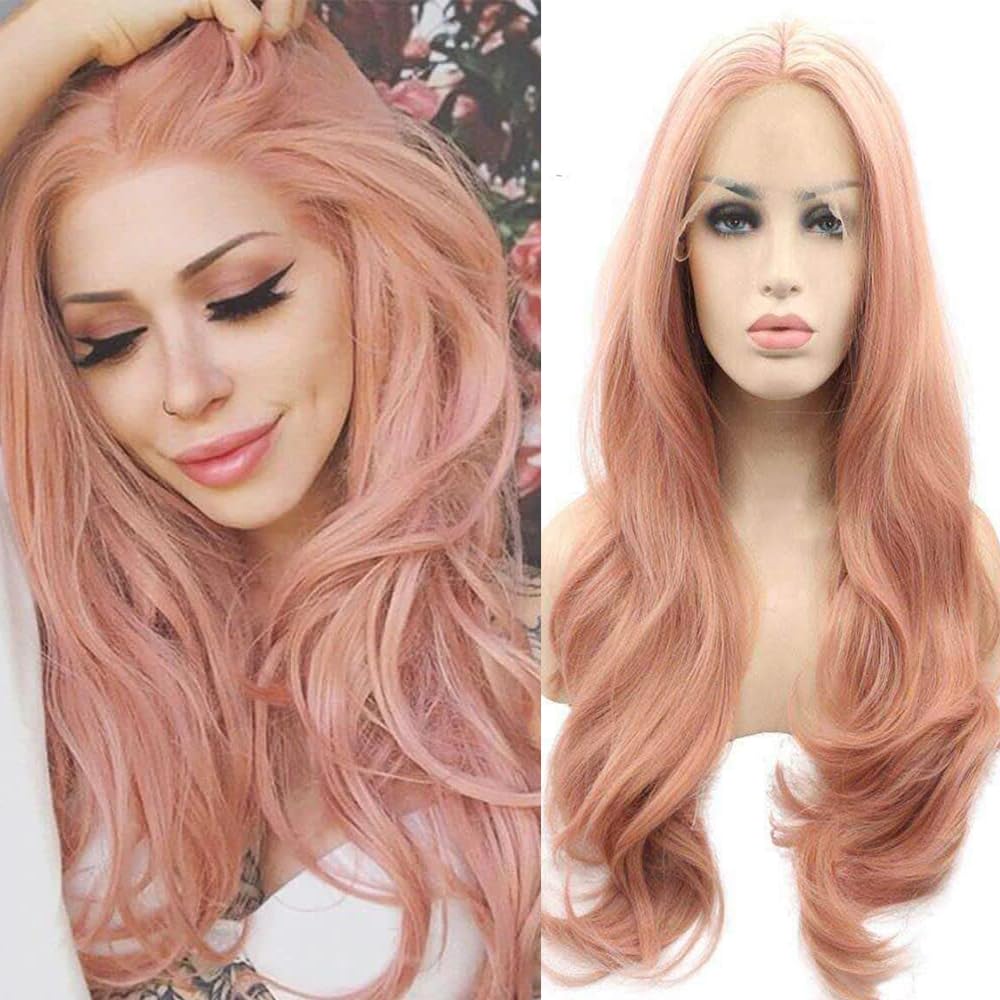 Xiweiya Peach Red Wigs For Women Rosie Whiteley Hairstyle Rose Gold Pastel Pink Wig Girls Synthetic Lace Front Wig With Heat Resistant 24 inch — image 1