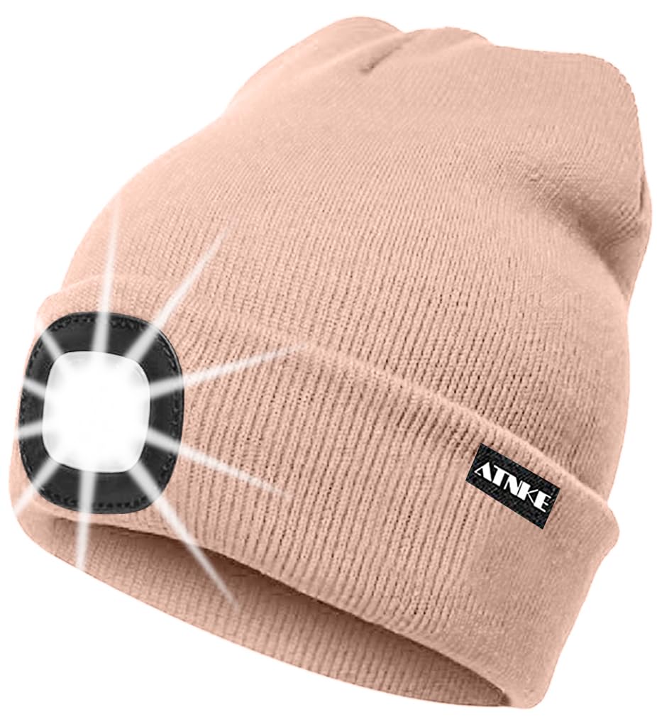 ATNKE LED Lighted Beanie Cap,USB Rechargeable Running Hat Ultra Bright 4 LED Waterproof Light Winter Warm Gifts for Men and Women/Skin Pink