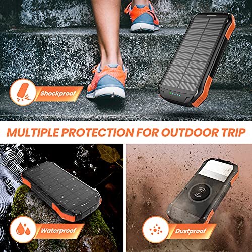 PD 18W QC 3.0 Solar Power Bank, 16000mAh Qi Portable Solar Charger, Fast Charging External Battery Compatible with iPhone, iPad, GPS, etc. IP65 Flashlight for Outdoor Camping (16000mAh)