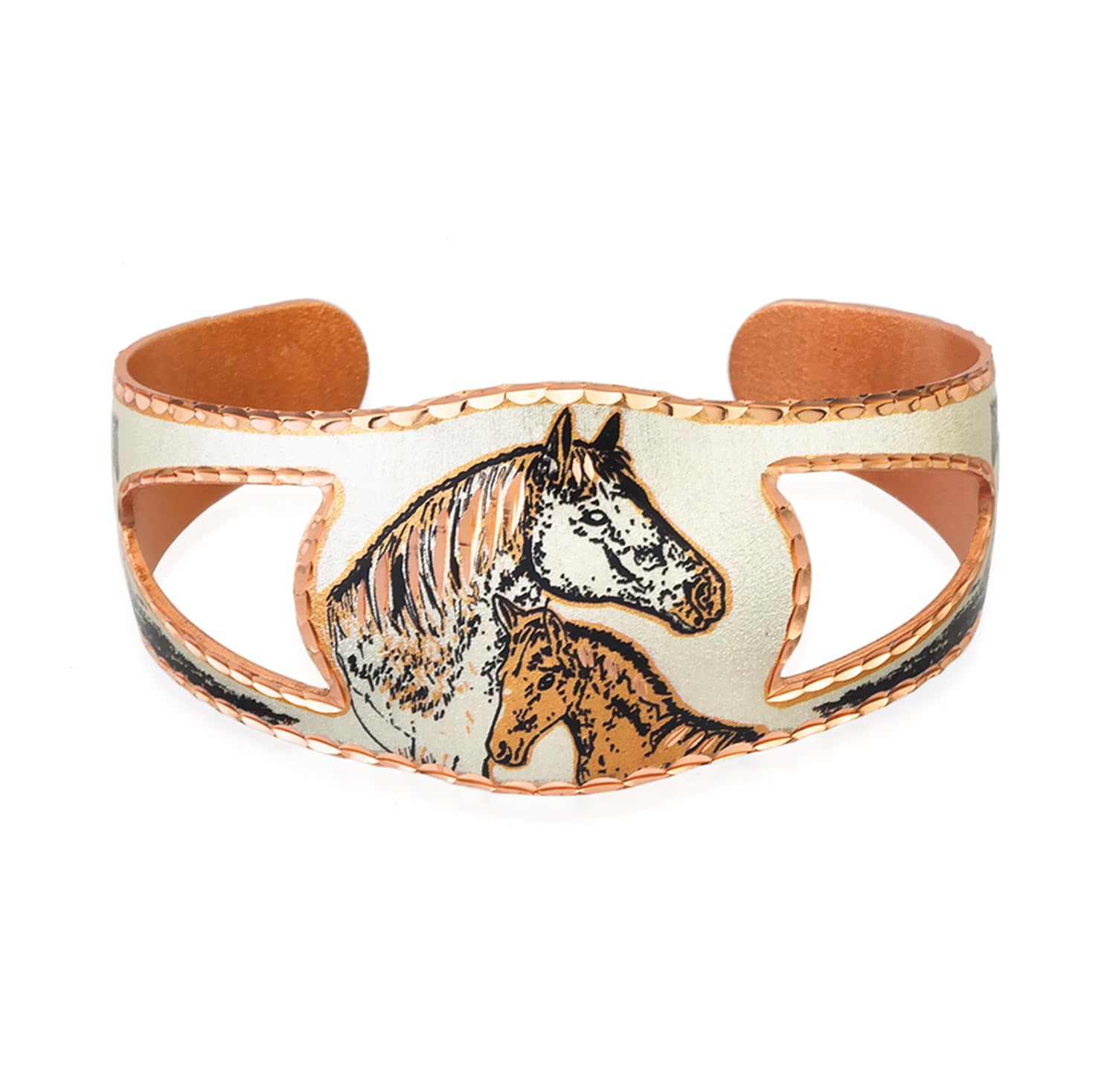 FRONT LINE JEWELLERY Horse Bracelet – Handmade Adjustable Copper Cuff with Tapered Knight’s Shield Cutout, Long Mane & Foal Theme – Equestrian Jewellery Gift — image 1