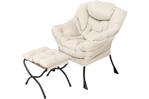 Welnow Lazy Chair with Ottoman, Modern Lounge Accent Armrests and a Side Pocket, Leisure Upholstered Sofa Set, Reading Footrest for Small Space, Corner Chair, Beige