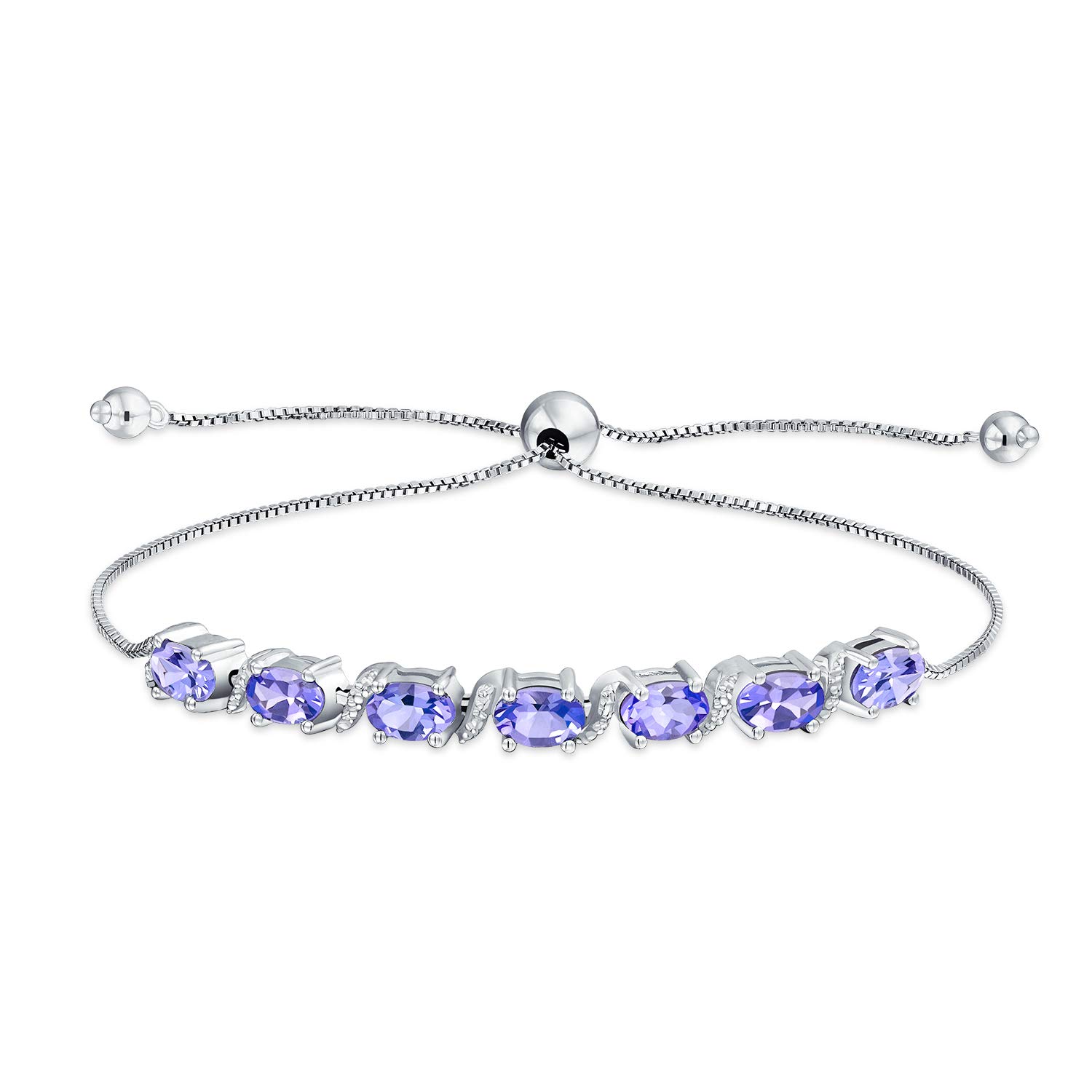 Bling Jewelry Natural Gemstones Zircon Accent Lavender Purple Tanzanite Bolo Tennis Bracelet for Women Adjustable 7-8 Inch .925 Sterling Silver