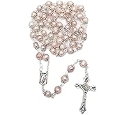 Jirehjill Rosary Beads Catholic for Woman - Light Pink Real Pearl Rosary Beads.