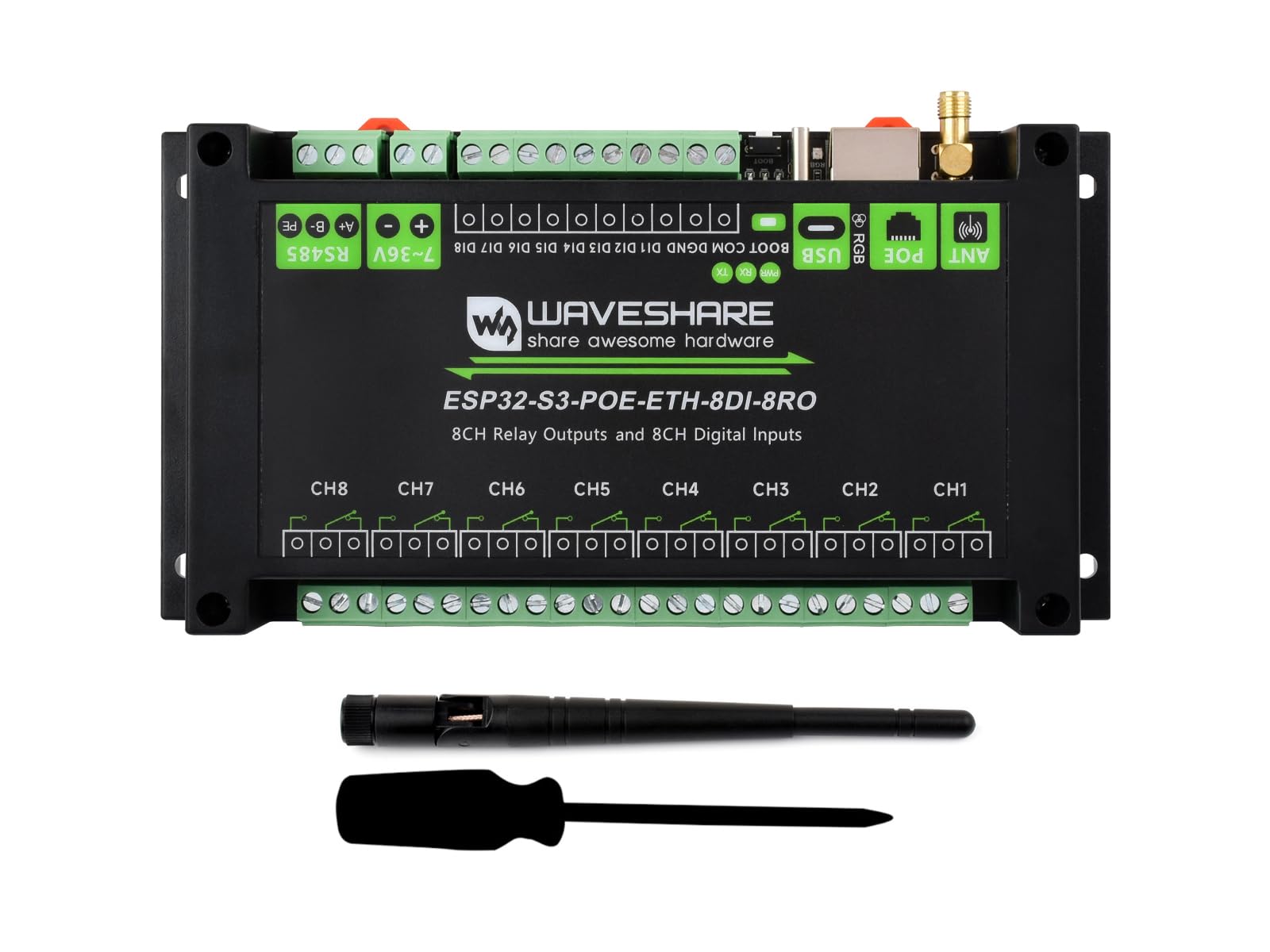 Photo 1 of Industrial 8-Ch ESP32-S3 WiFi Relay Module, Onboard RS485, Digital Input, Relay, PoE ETH Port and Multiple Isolation Protection Circuits, Supports RS485 and Bluetooth/WiFi Remote Control