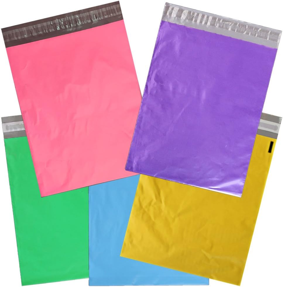 14.5 x 19, 12x15.5, 10x13 Poly Mailers Combo Pack, Pink, Purple, Blue, Green, Yellow, Self Sealing Shipping Bag Envelopes, 14x19, 12x15 Plastic 5 Designer Colors, Eagle Stickers (14.5 x 19, 15)
