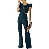 Omoone Womens Flared Denim Overalls Jumpsuit Ruffle Sleeves Backless Stretchy Blue Jean Romper