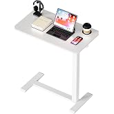 BIZUM Adjustable Bedside Table with Swivel Hidden Wheels Pneumatic Rolling Desk Mobile Standing Desk with Cup Holder for Hospital Home(27.6"x15.8" White)
